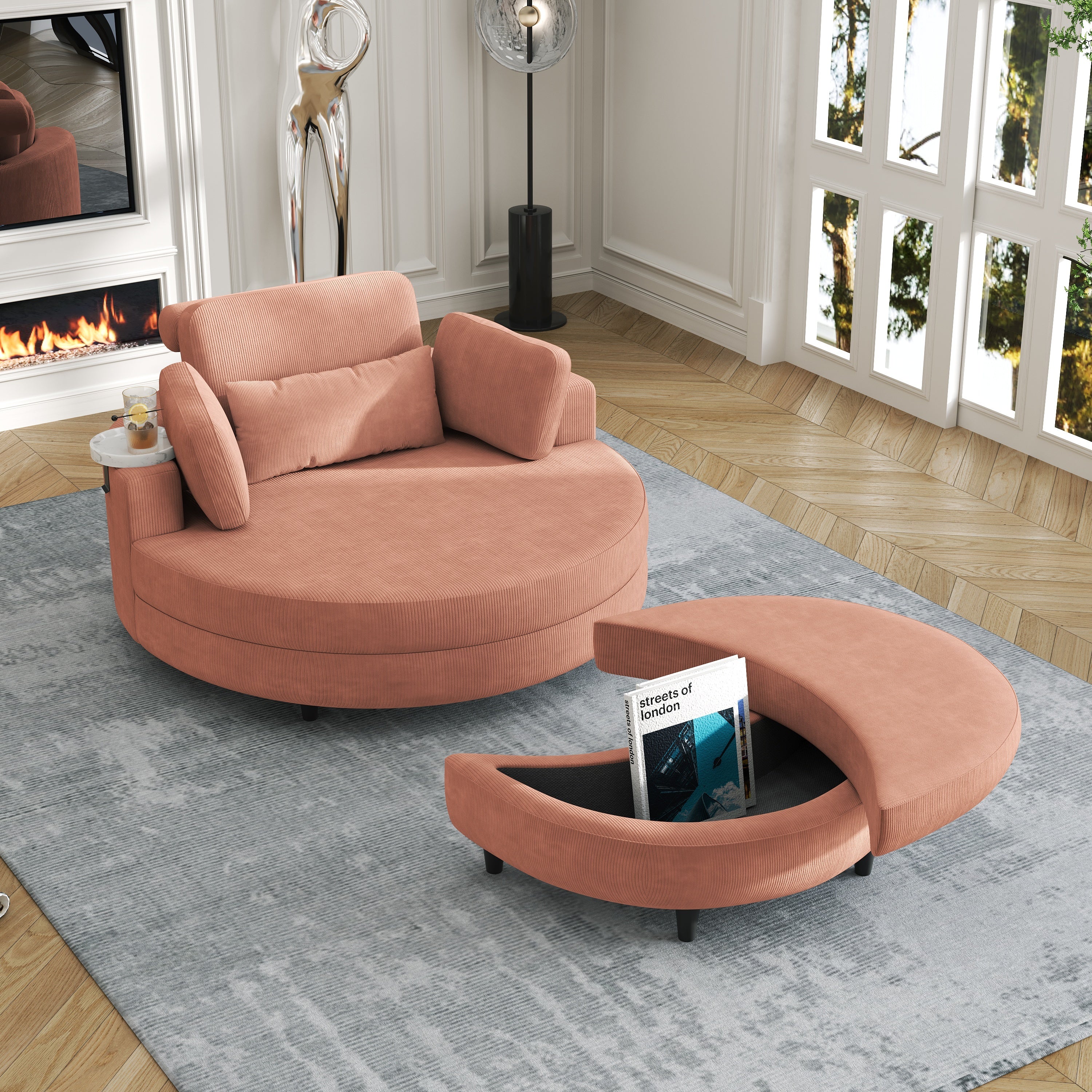A 51-inch orange corduroy sofa with two throw pillows, a waist pillow and an extra tray is comfortable for a small apartment bedroom - Grand Goldman Shop