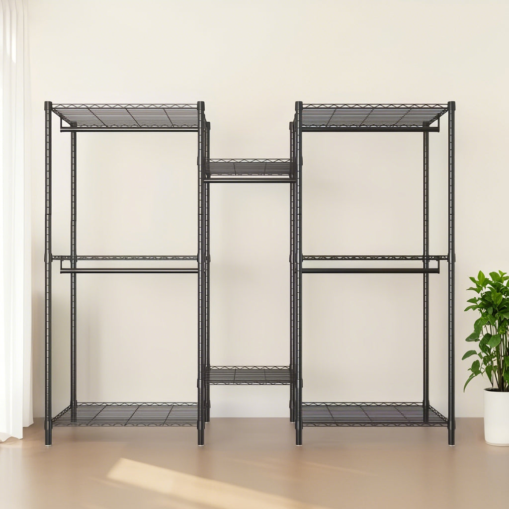 Heavy Duty Garment Rack With 8 Adjustable Wire Shelves and 5 Clothes Rails, Freestanding Closet Organizer, Black Metal - Grand Goldman Shop