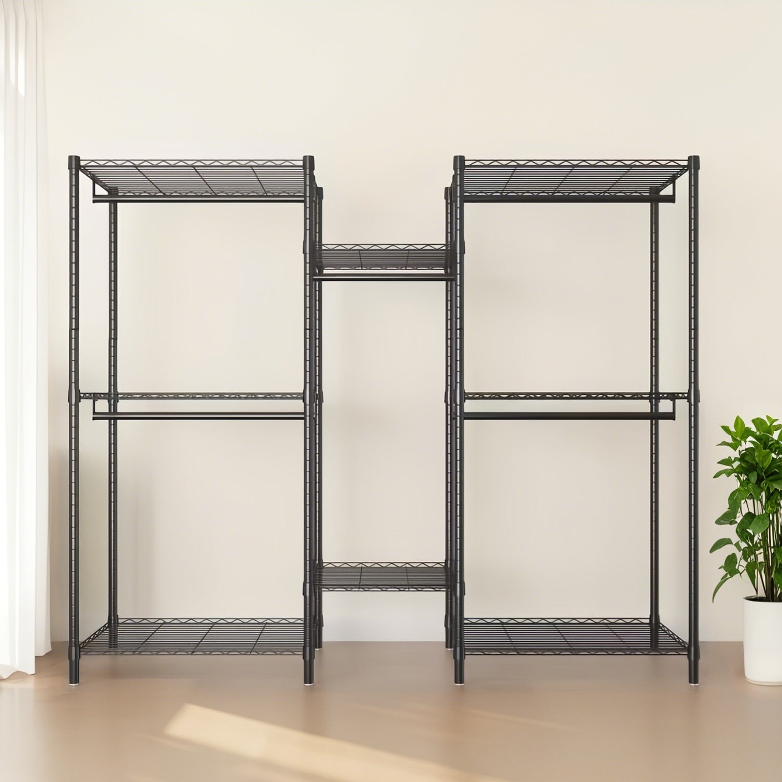 Heavy Duty Garment Rack With 8 Adjustable Wire Shelves and 5 Clothes Rails, Freestanding Closet Organizer, Black Metal - Grand Goldman Shop