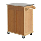 Indoor Compact Bamboo Rolling Kitchen Cart with Stainless Steel Top – Mobile Storage Island with Drawer & Cabinet for Small Spaces - Grand Goldman Shop