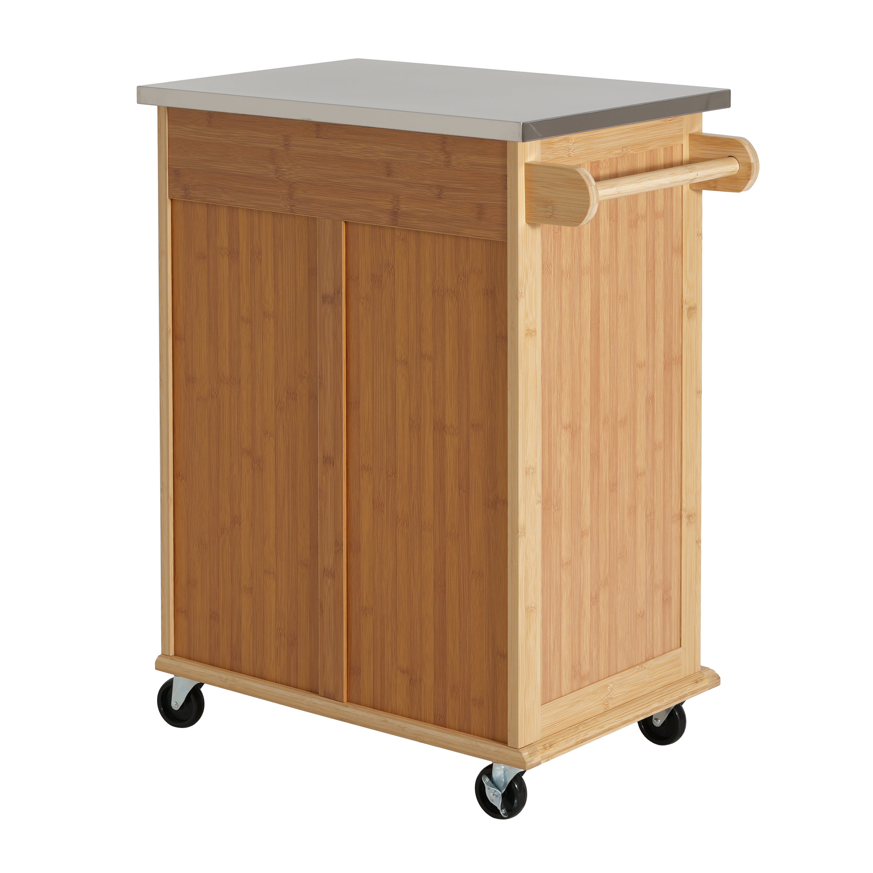Indoor Compact Bamboo Rolling Kitchen Cart with Stainless Steel Top – Mobile Storage Island with Drawer & Cabinet for Small Spaces - Grand Goldman Shop