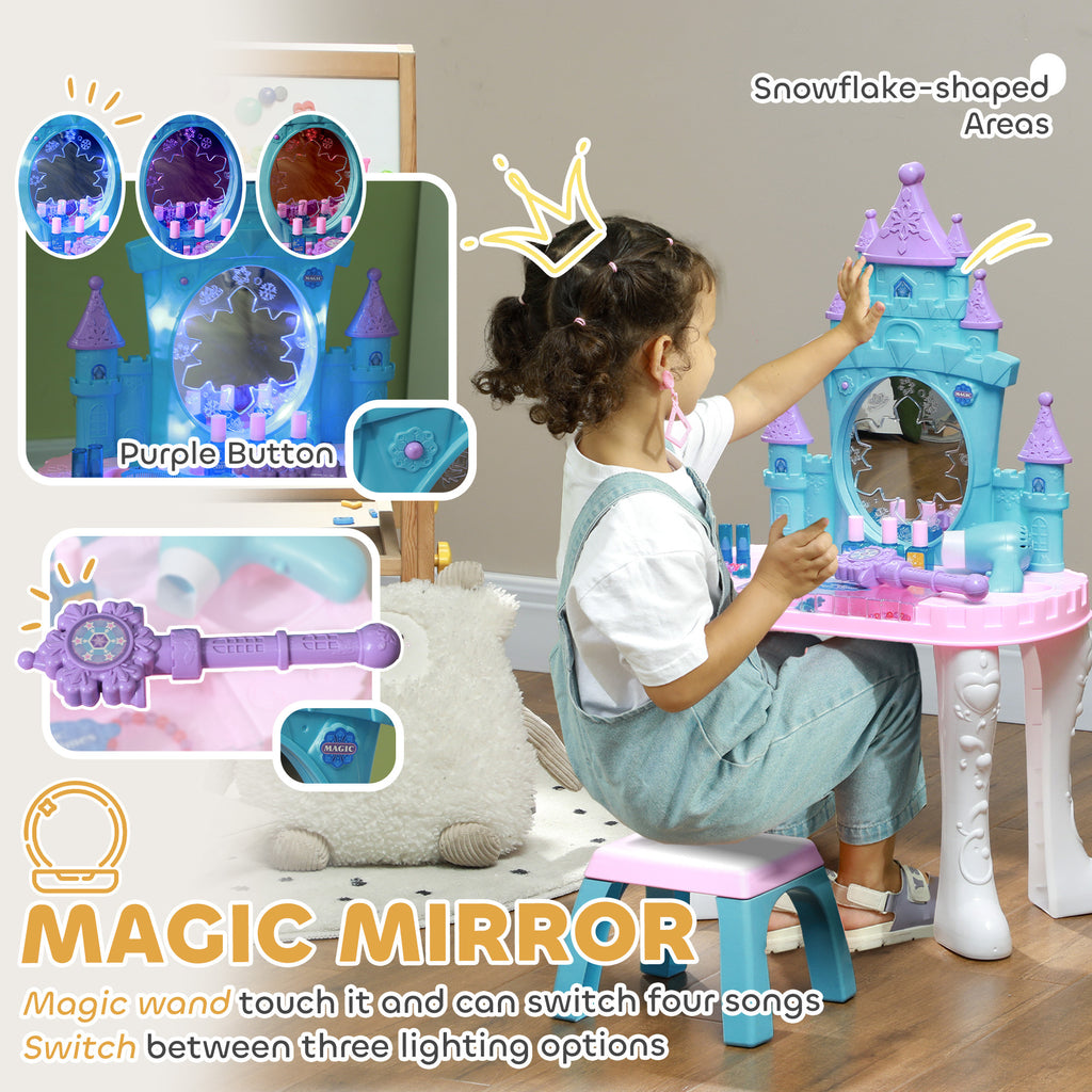 Qaba Kids Vanity Set with Mirror and Stool, Castle Design Makeup Table with Light, Music, Hair Dryer, 18 Accessories, Girls P