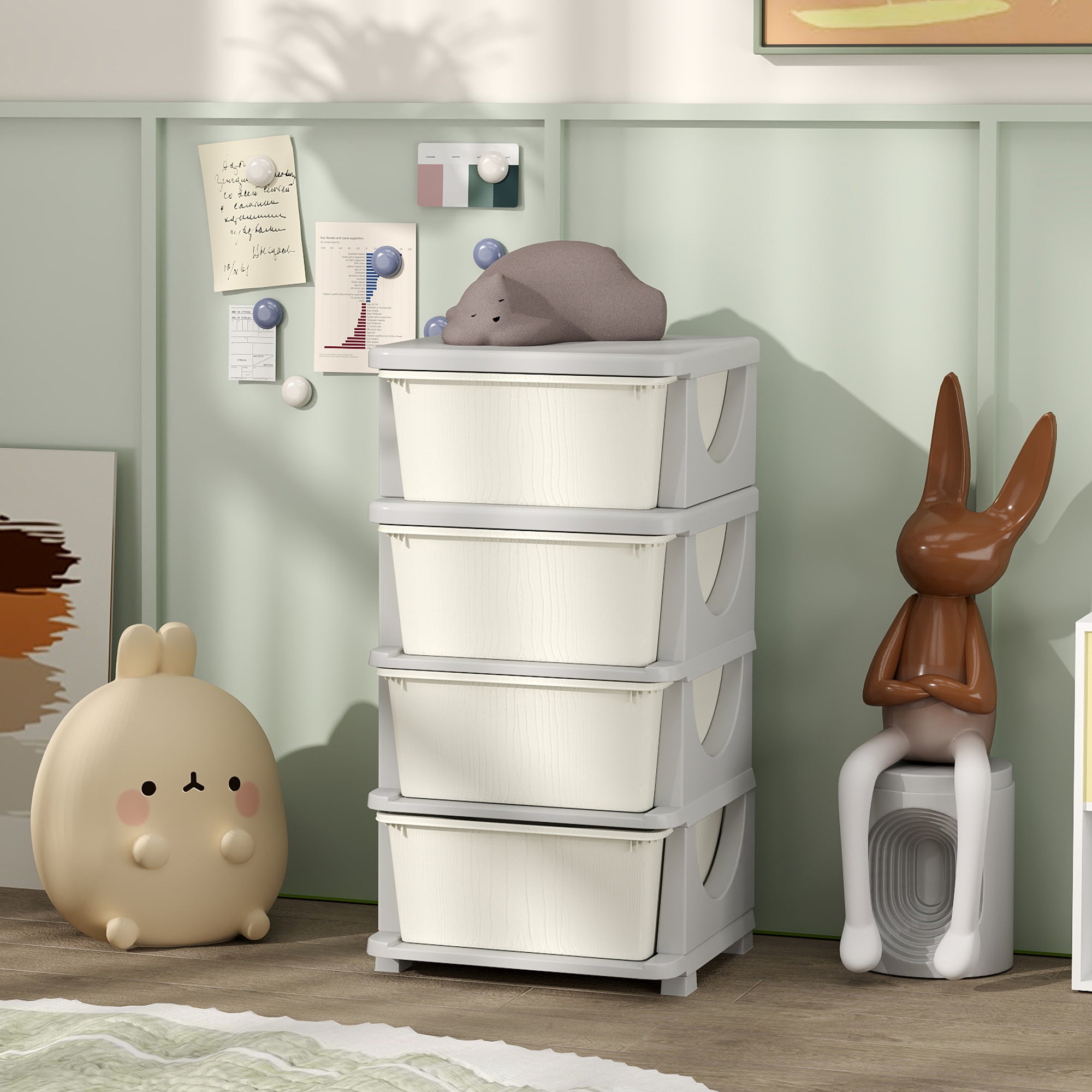 Qaba 4 Tier Kids Storage Unit, 4 Drawer Chest Toy Organizer Plastic Bins for Kids Bedroom Nursery Kindergarten Living Room fo