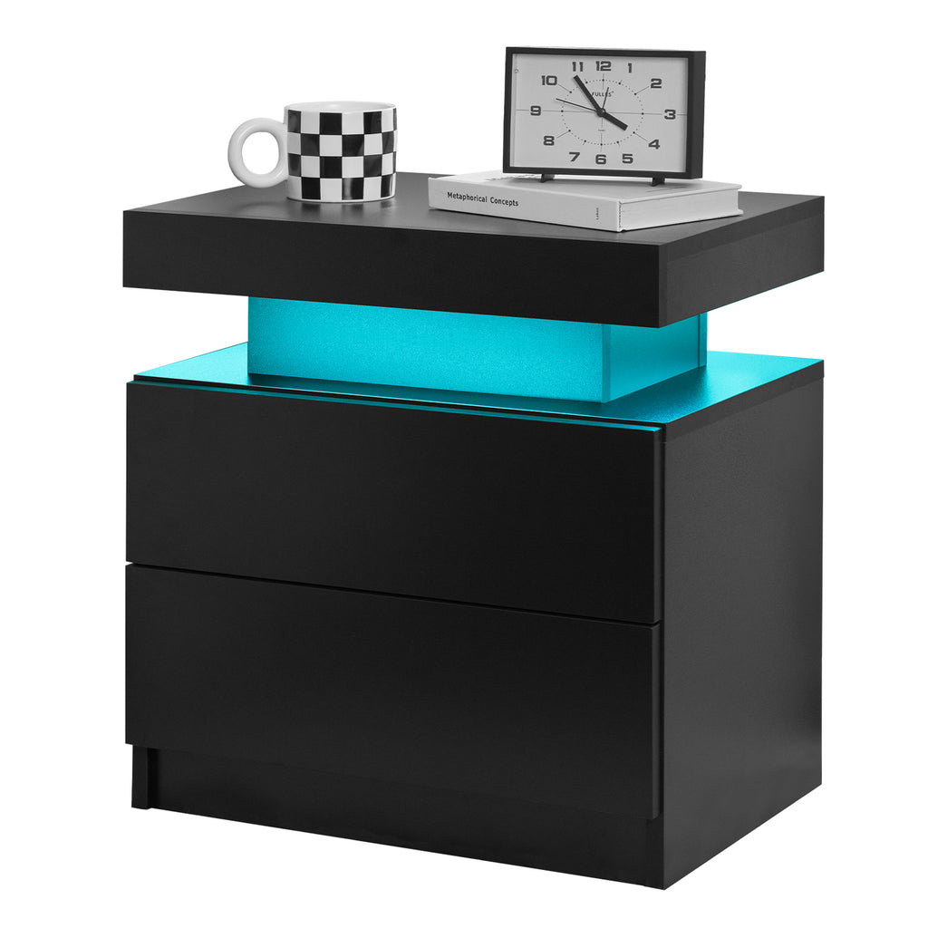 Nightstand LED Bedside Table Cabinet Lights Modern End Side with 2 Drawers for Bedroom (Black) - Grand Goldman Shop