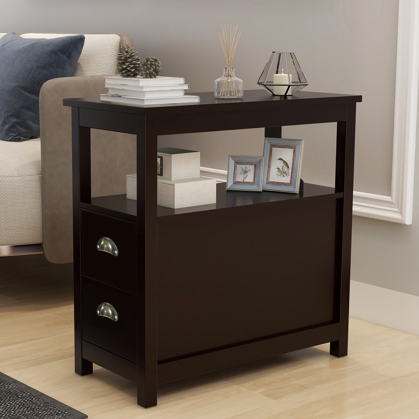 End Table Narrow Nightstand With Two Drawers And Open Shelf-Brown - Grand Goldman Shop
