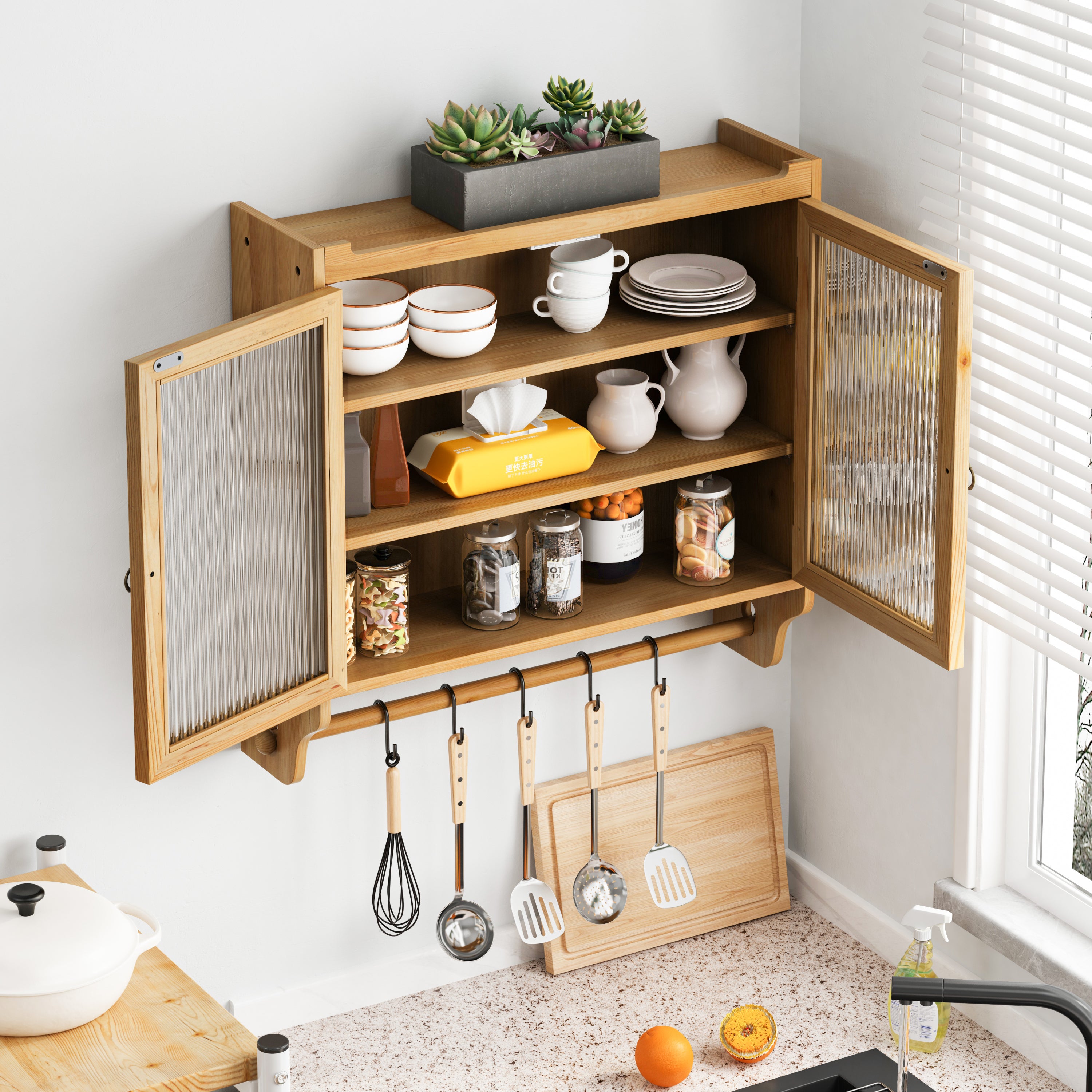 24.8''Glass Door Vintage Double Door Wall Cabinet With Three Tiers of Storage With Towel Rack,for Bathroom, Kitchen,,Dining Room,Natural - Grand Goldman Shop