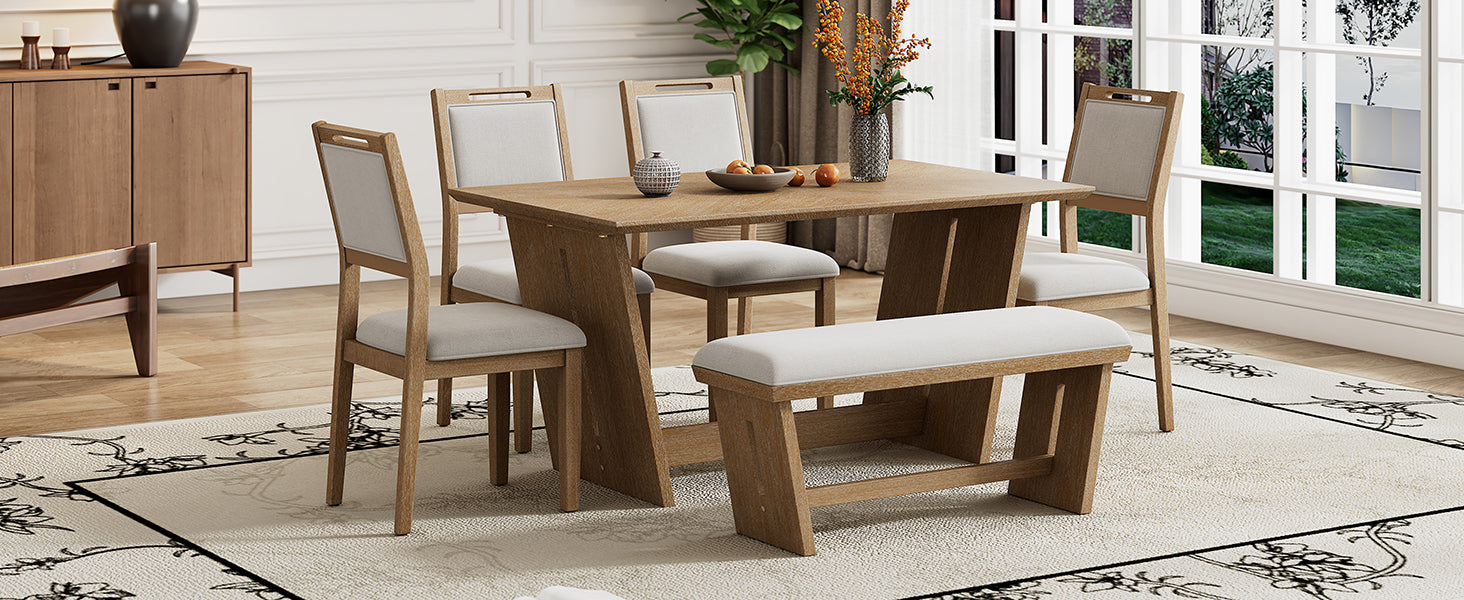 TREXM 6-Piece Retro Dining Table Set for 6, 60' Wood Kitchen Table and Chairs Set of 4 with Bench Designed Trestle Base for kitchen & Dining Room (Natural Wood Wash) - Grand Goldman Shop