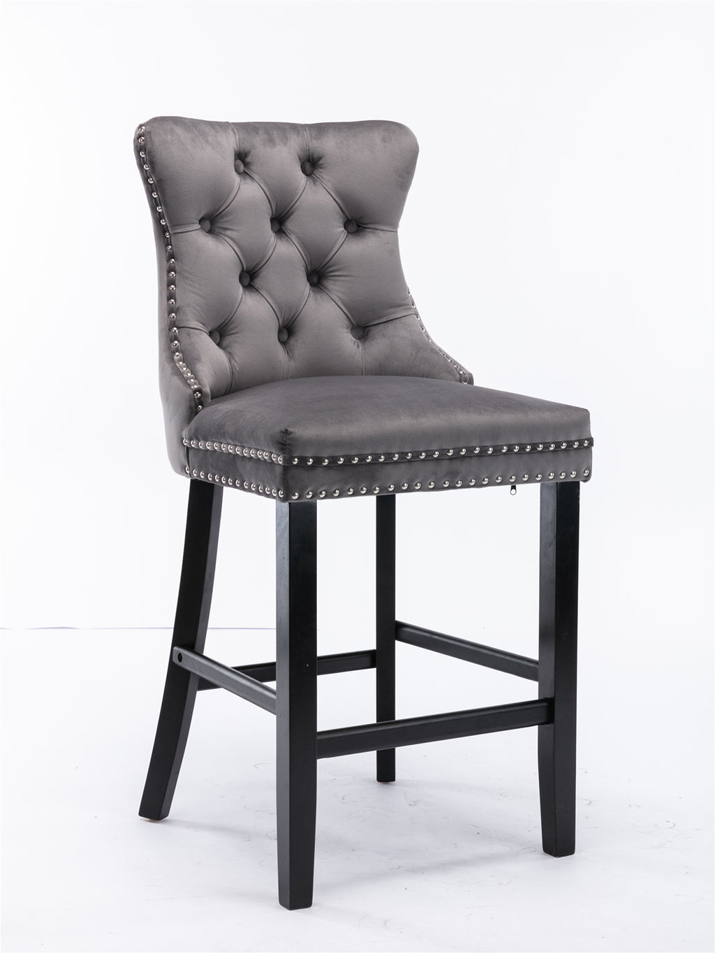 Contemporary Velvet Upholstered Barstools with Button Tufted Decoration and Wooden Legs, and Chrome Nailhead Trim, Leisure Style Bar Chairs,Bar stools, Set of 2 (Gray),SW1902GY - Grand Goldman Shop