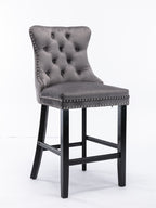 Contemporary Velvet Upholstered Barstools with Button Tufted Decoration and Wooden Legs, and Chrome Nailhead Trim, Leisure Style Bar Chairs,Bar stools, Set of 2 (Gray),SW1902GY - Grand Goldman Shop