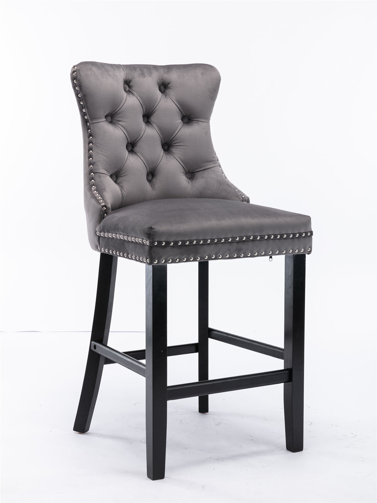 Contemporary Velvet Upholstered Barstools with Button Tufted Decoration and Wooden Legs, and Chrome Nailhead Trim, Leisure Style Bar Chairs,Bar stools, Set of 2 (Gray),SW1902GY - Grand Goldman Shop
