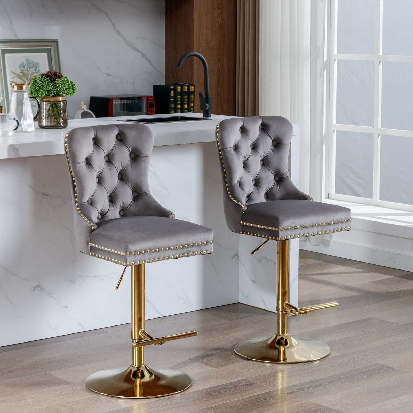 A&A Furniture Modern Upholstered Velvet Bar Stools with Adjustable Swivel Seat Height in Gray, Set of 2 - Grand Goldman Shop