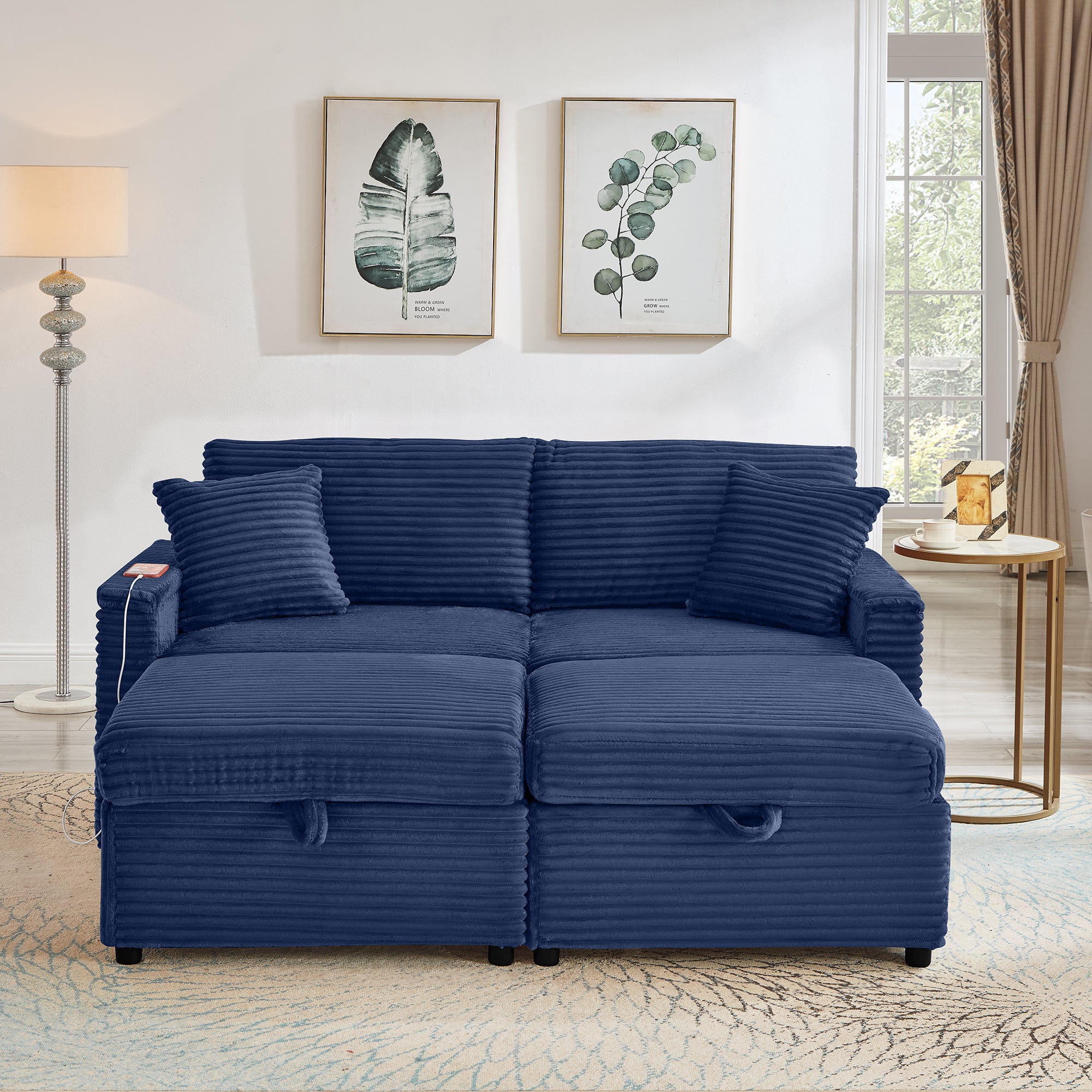 Comfortable Fluffy Corduroy Lazy Sofa, Storage Space for Big Loveseat, Super Soft Chaise Lounge with Double Ottomans and Table Board,Suitable for Chailiving - Grand Goldman Shop