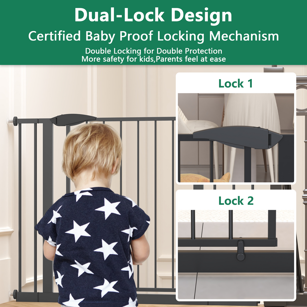 Black Pressure-Mounted Baby Gate for Stairs and Doorways, 29.5-44.1' Wide, Steel and ABS Construction, Easy Walk-Through Safe