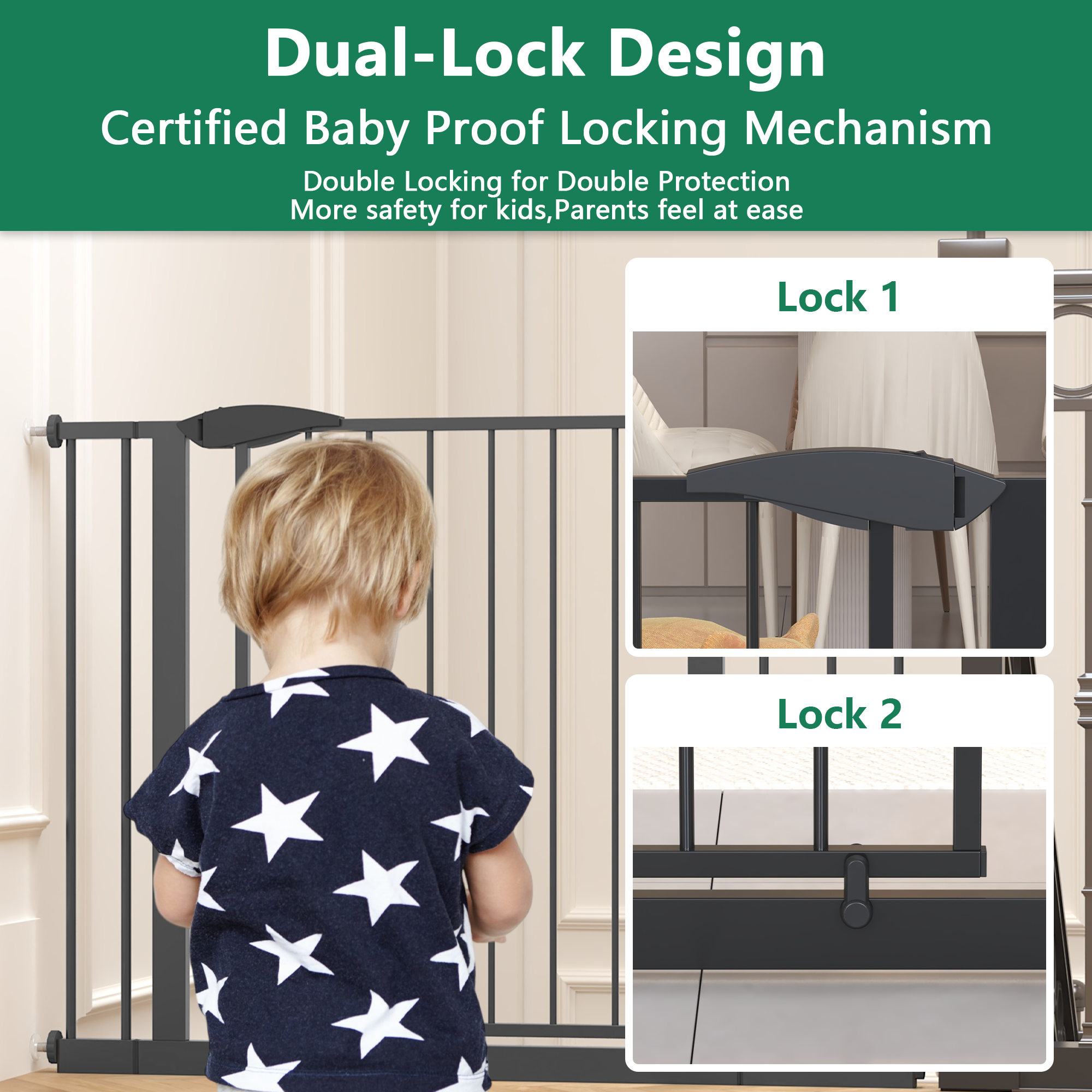 Black Pressure-Mounted Baby Gate for Stairs and Doorways, 29.5-44.1' Wide, Steel and ABS Construction, Easy Walk-Through Safe