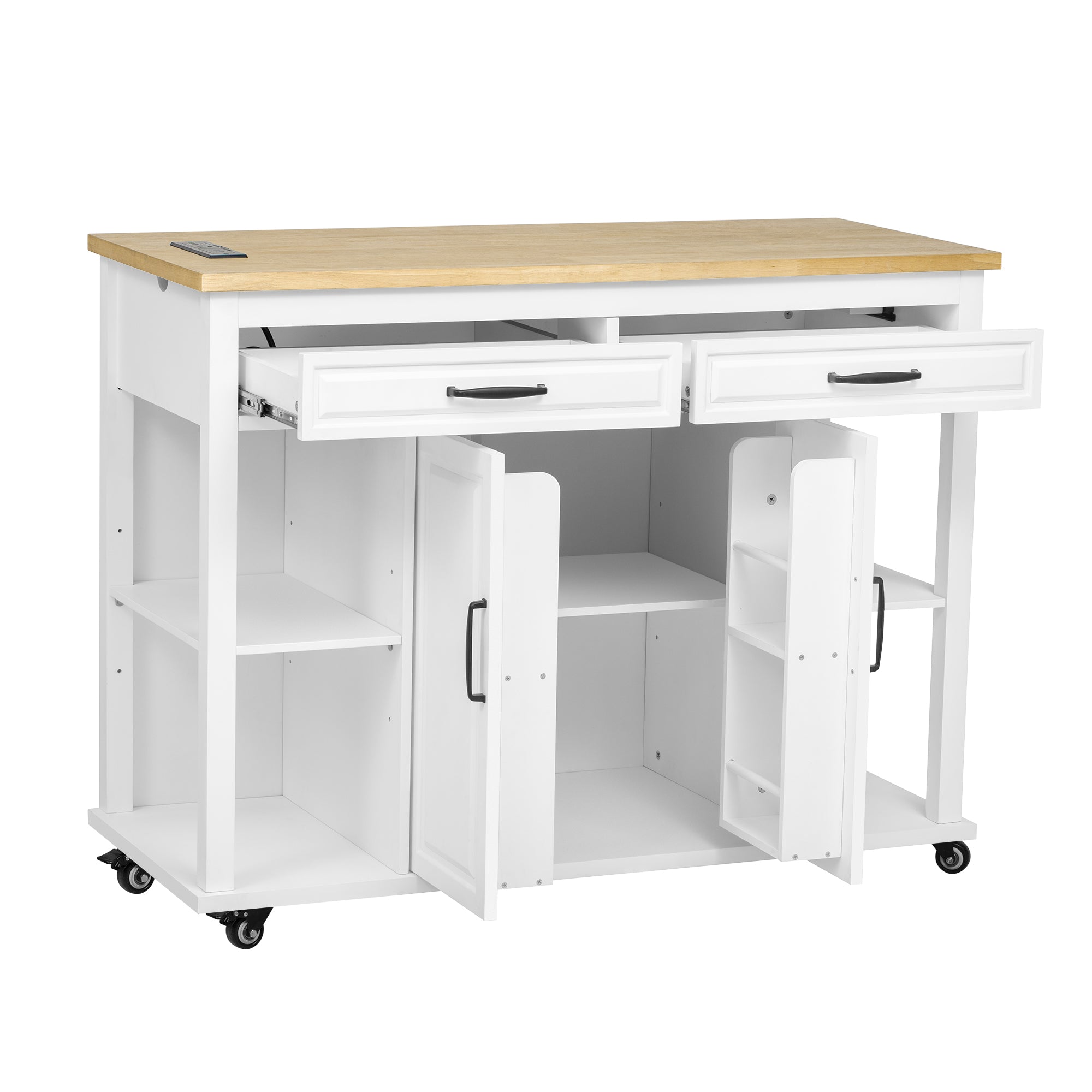 K&K 47 inch Kitchen Island with Extendable Dining Table, Rubber Wood Veneer Kitchen Table with Internal Storage Rack, Power Outlet, Kitchen island with Storage 2 Drawers 2 Cabinet,White - Grand Goldman Shop