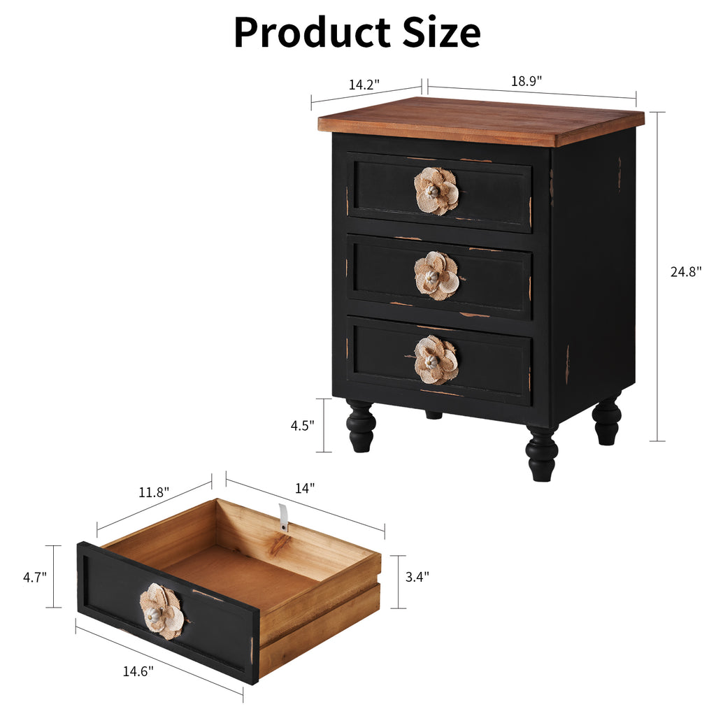 Vintage Farmhouse End Table with Floral Knobs – 19' Rustic Nightstand with 3 Drawers Gourd Legs,Bedside or Sofa Accent Table, Almost Fully Assembled, Black - Grand Goldman Shop