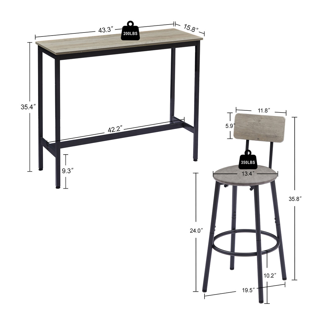 Bar Table Set with 2 Bar stools PU Soft seat with backrest, Grey, 43.31'' L x 15.75'' W x 35.43'' H. - Grand Goldman Shop