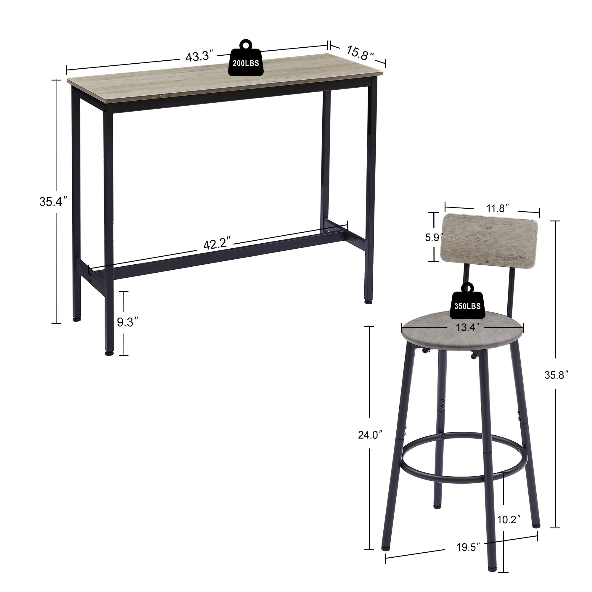 Bar Table Set with 2 Bar stools PU Soft seat with backrest, Grey, 43.31'' L x 15.75'' W x 35.43'' H. - Grand Goldman Shop