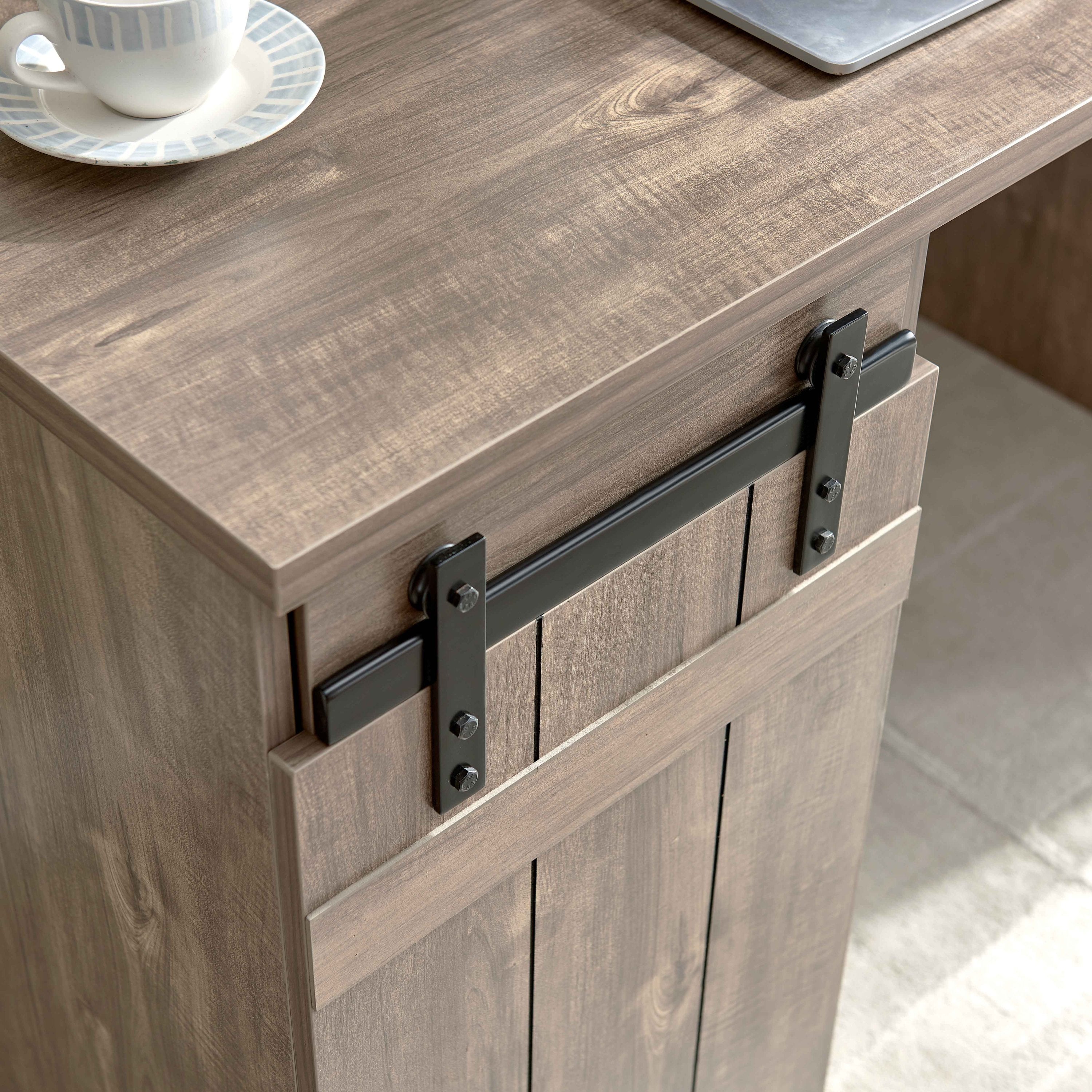 Home Office Desk Hazelnut One Cabinet Three Shelves Faux Barn Door on Metal Euro Hinges Modesty Panel - Grand Goldman