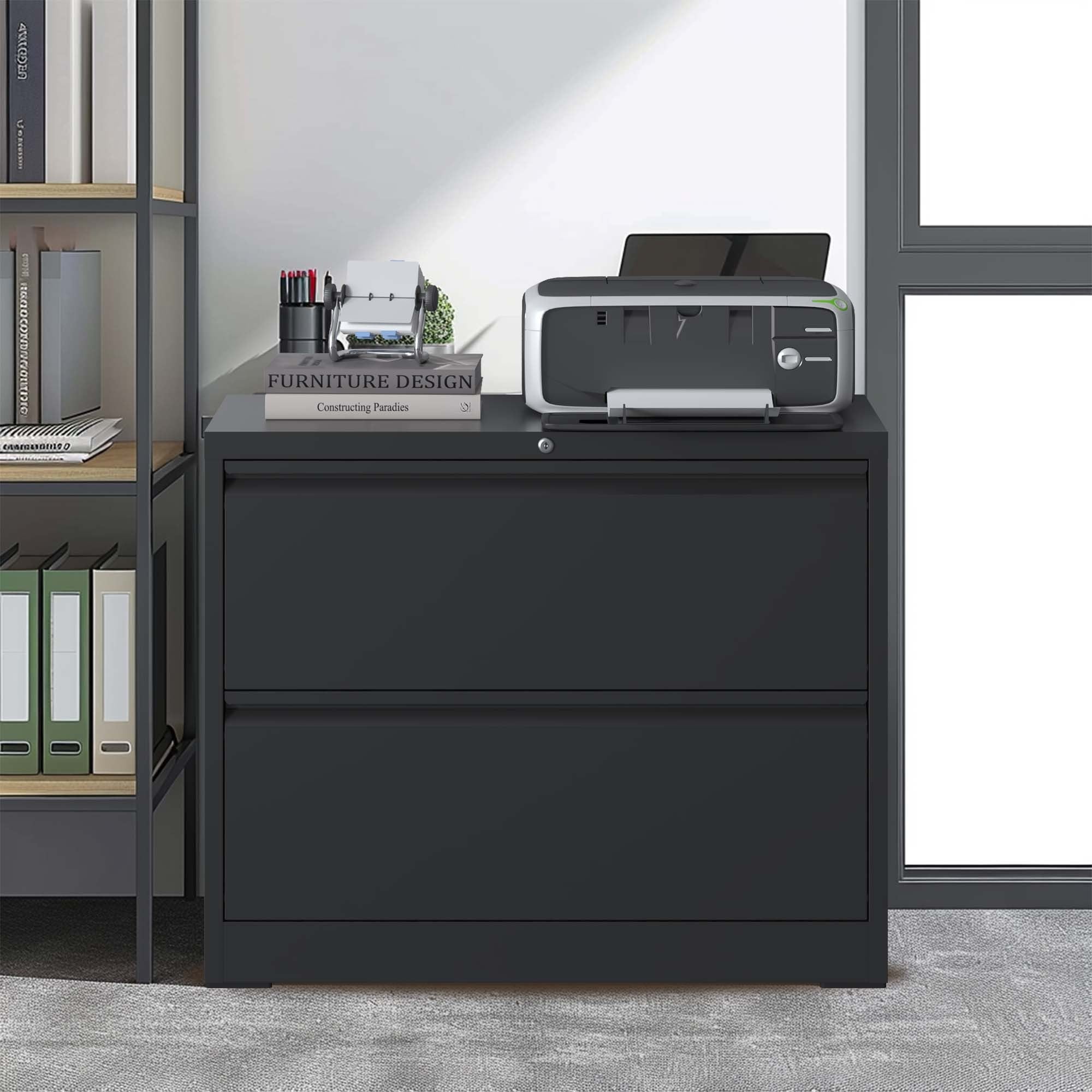 Modern Black 2-Drawer Steel Lateral File Cabinet with Lock for Legal/Letter/A4/F4 Size | Premium Home Decor - Grand Goldman