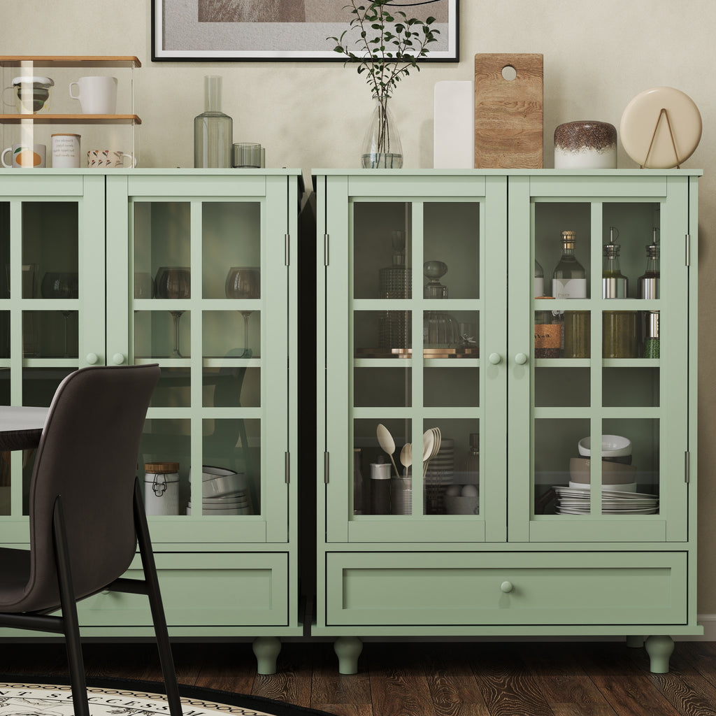 Minimalism Buffet Cabinet with Double Glass Doors and Drawer, Modern Wooden Storage Sideboard Cupboard, Mint Green, MDF and Solid Wood, 28''x15''x36.22'' - Grand Goldman Shop