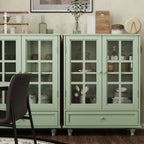 Minimalism Buffet Cabinet with Double Glass Doors and Drawer, Modern Wooden Storage Sideboard Cupboard, Mint Green, MDF and Solid Wood, 28''x15''x36.22'' - Grand Goldman Shop