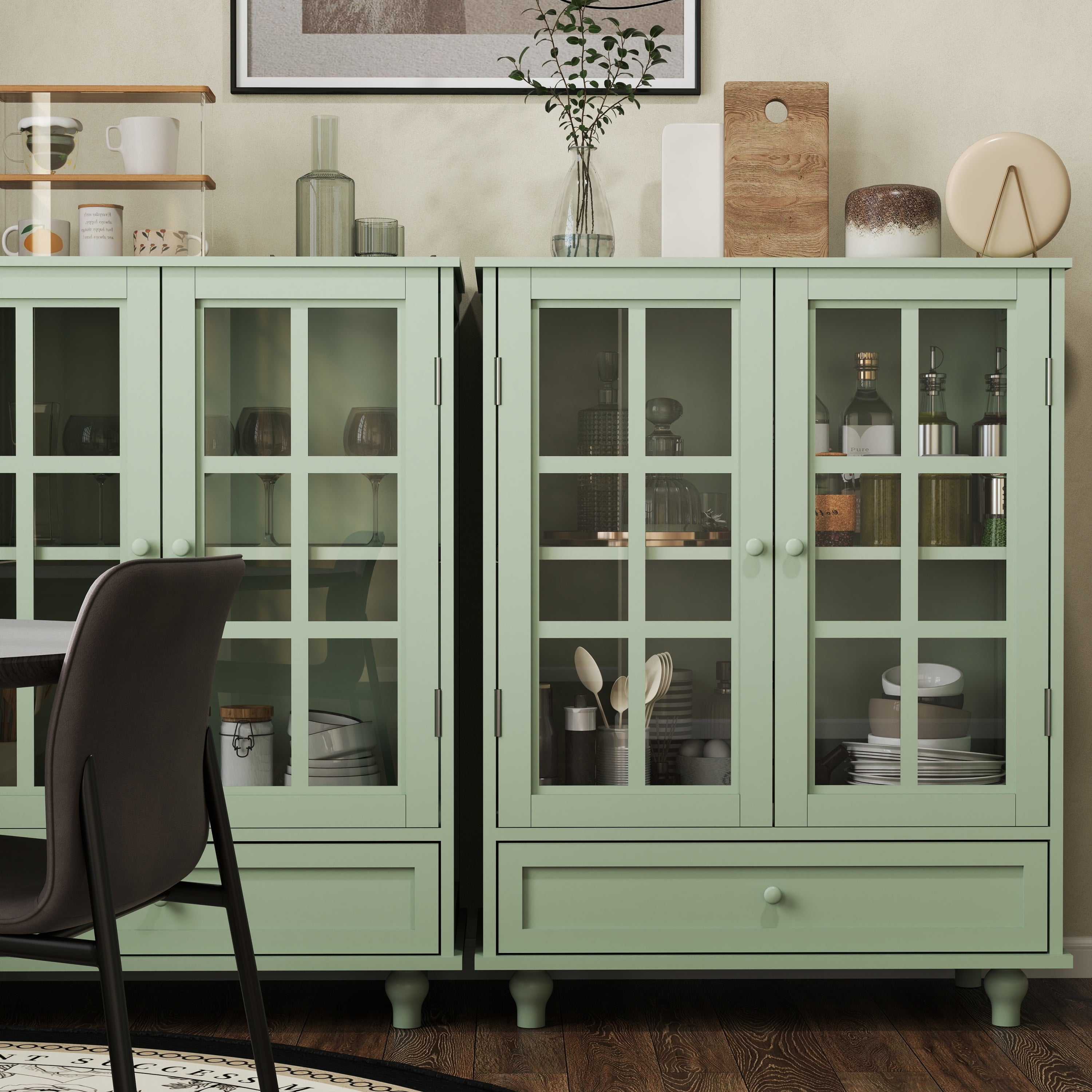 Minimalism Buffet Cabinet with Double Glass Doors and Drawer, Modern Wooden Storage Sideboard Cupboard, Mint Green, MDF and Solid Wood, 28''x15''x36.22'' - Grand Goldman Shop
