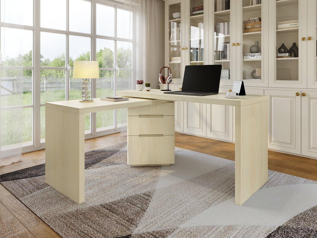 90' Modern L Shaped Desk in Natural Wood with 3 Drawers,360° Wood Rotating Desk,Executive Office Desk,Corner Desk,Office Stud