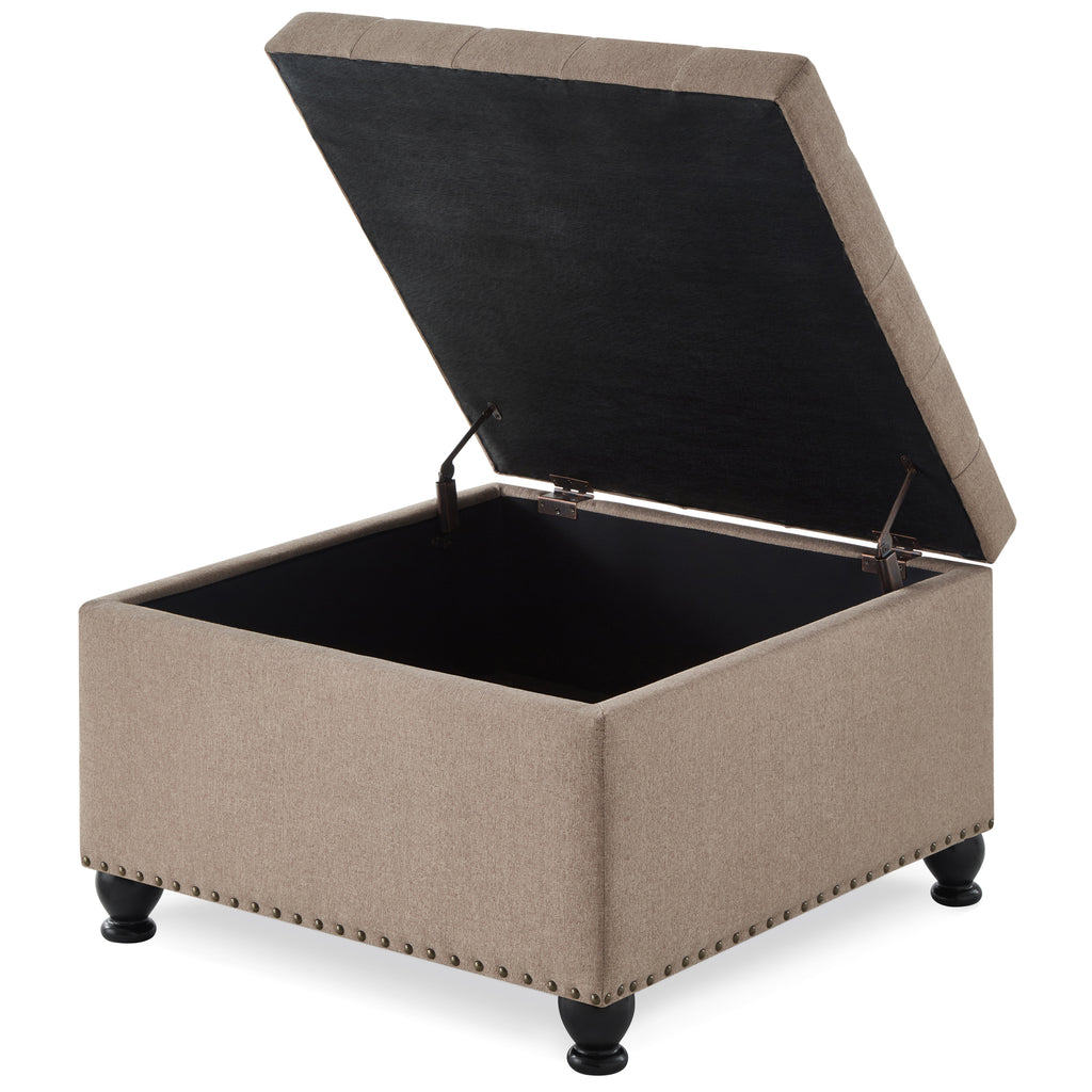 Large square storage ottoman with wooden legs, Upholstered button tufted coffee table with nail trims for for Living Space,Linen - Grand Goldman Shop