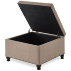 Large square storage ottoman with wooden legs, Upholstered button tufted coffee table with nail trims for for Living Space,Linen - Grand Goldman Shop
