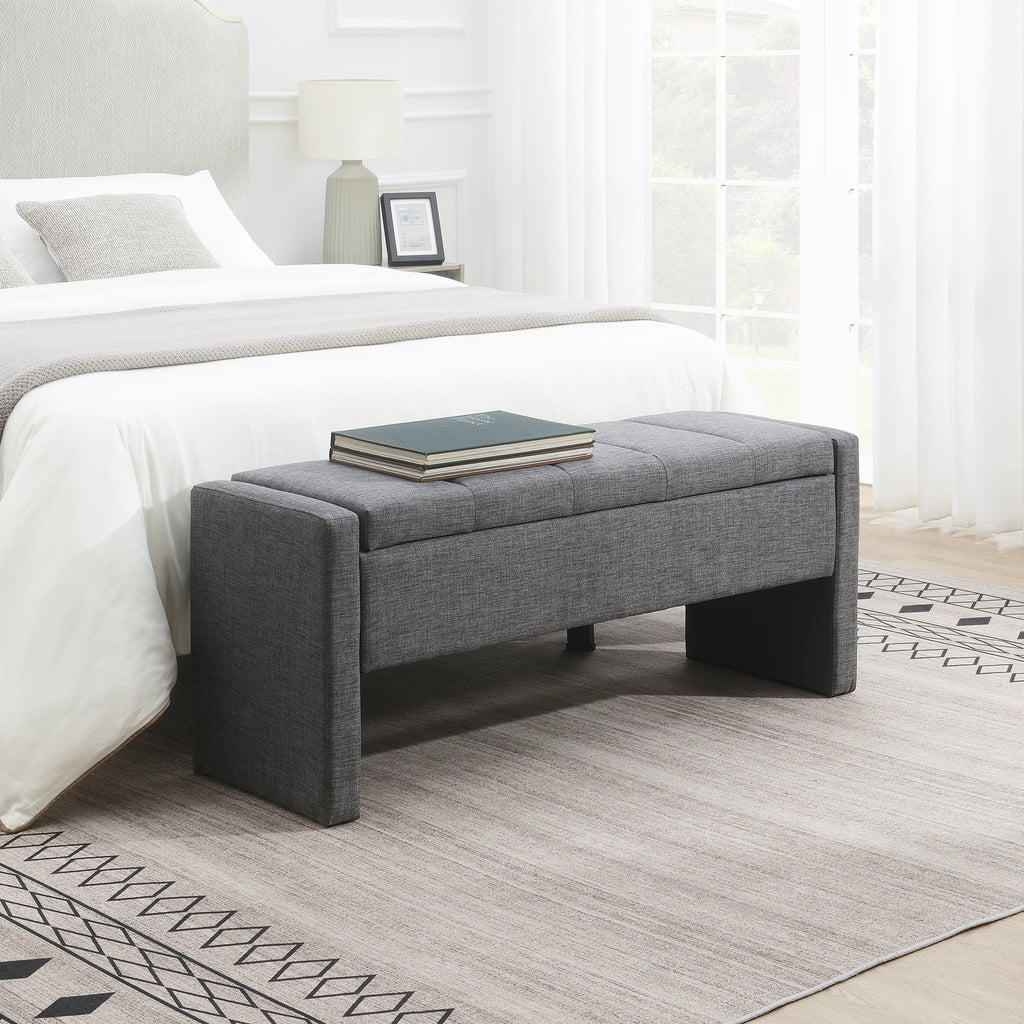 Modern Upholstered Bed End Bench with Storage in Dark Grey Linen, Large Foot Rest Stool for Living Room and Bedroom - Grand Goldman Shop