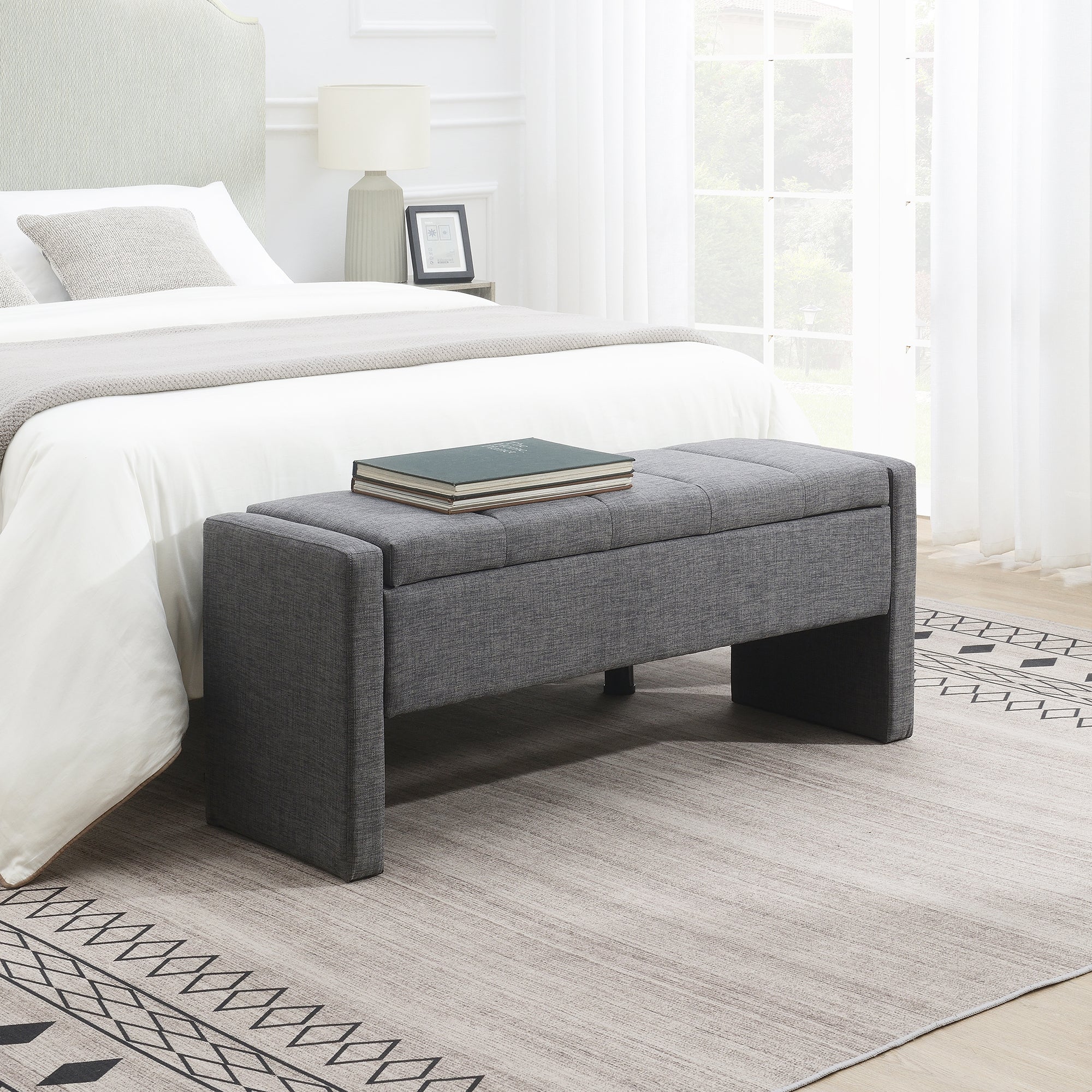 Modern Upholstered Bed End Bench with Storage in Dark Grey Linen, Large Foot Rest Stool for Living Room and Bedroom - Grand Goldman Shop