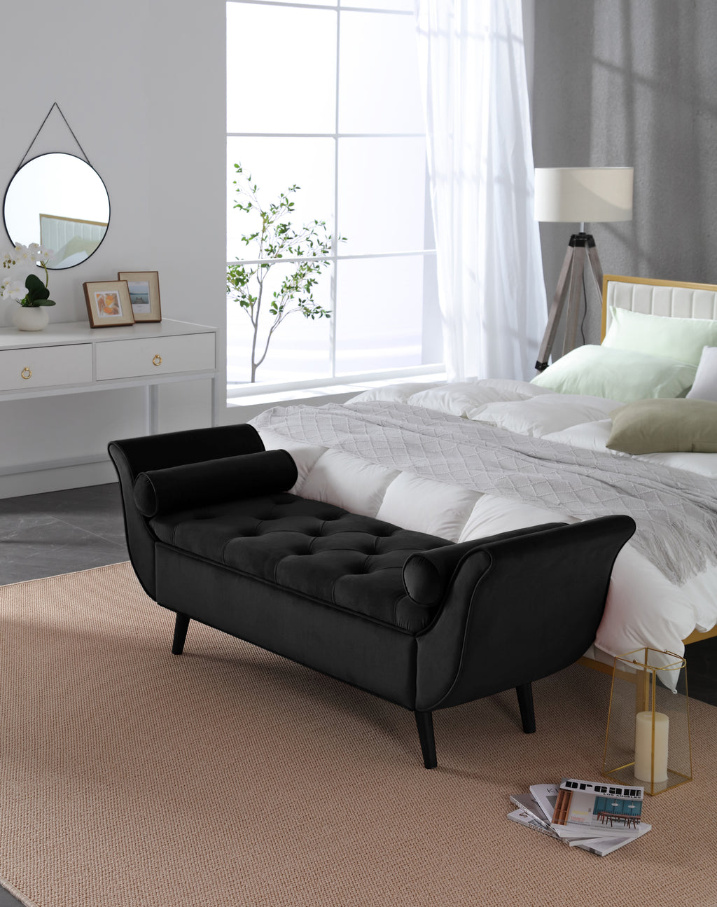 Vintage Tufted 65-inch Long Bench, Velvet Upholstered Storage Ottoman with Classic Retro Design, Mid-Century Modern Footstool for Living Room, Bedroom Entryway - Grand Goldman Shop