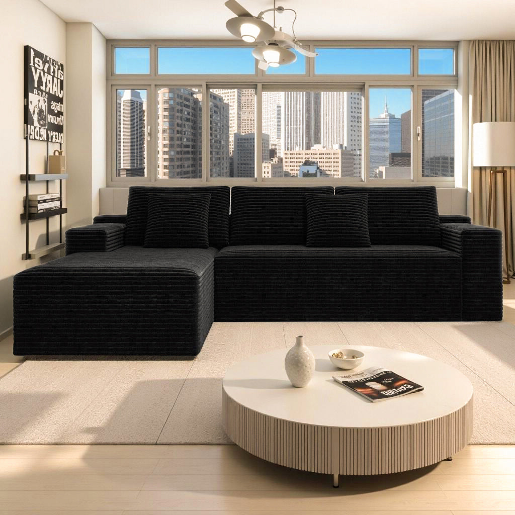 104.3*68.9'Modular sectional sofa seat,Upholstered compressed couch for living room,Bedroom,Apartment,No assembly required,2PC free combination,Plush corduroy fabric,BLACK - Grand Goldman Shop