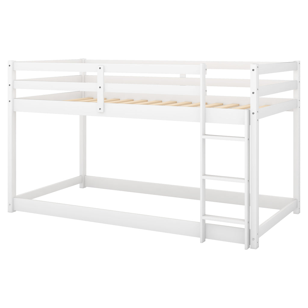 White Twin Over Twin Floor Bunk Bed with Ladder, Solid Pine Wood, 79.1''L x 42''W x 46.5''H - Grand Goldman Shop
