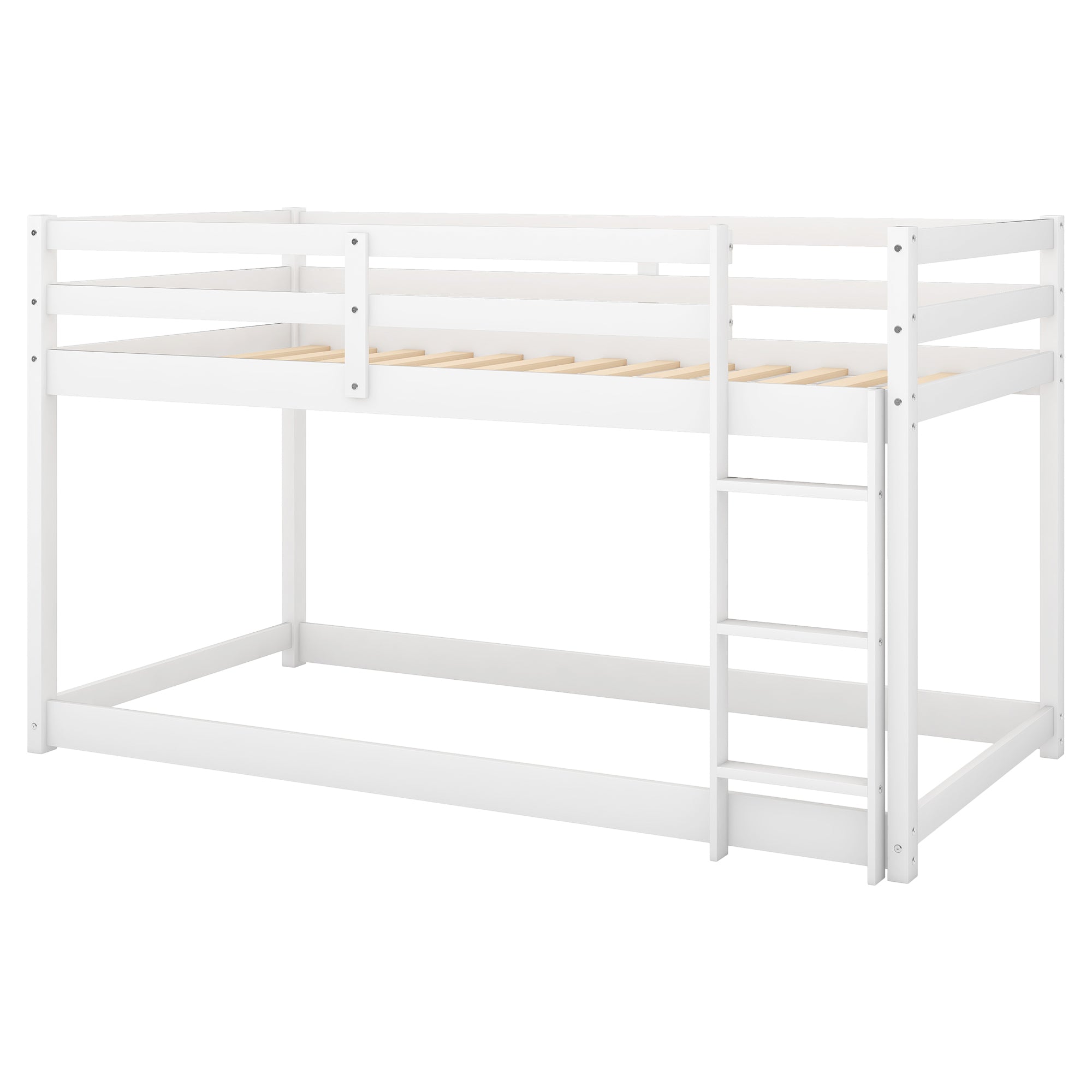 White Twin Over Twin Floor Bunk Bed with Ladder, Solid Pine Wood, 79.1''L x 42''W x 46.5''H - Grand Goldman Shop