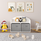Kids Wooden Toy Box Bench with Collapsible Fabric Drawers, White MDF Storage Cabinet Organizer, 24.6 x 11.8 x 19.1 inches | P