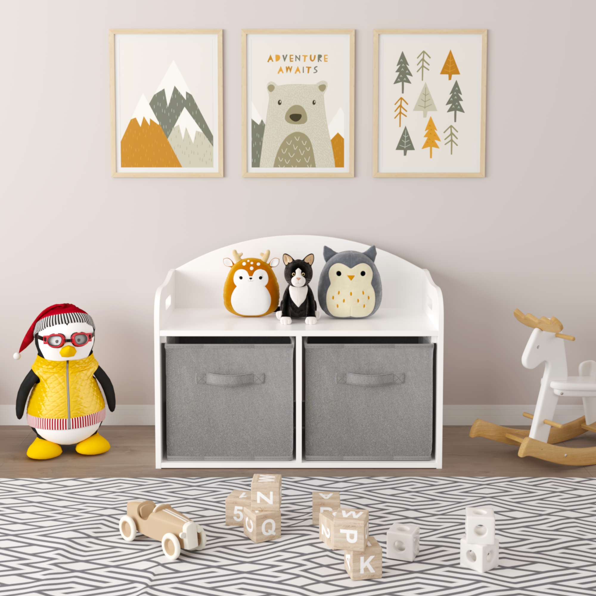 Kids Wooden Toy Box Bench with Collapsible Fabric Drawers, White MDF Storage Cabinet Organizer, 24.6 x 11.8 x 19.1 inches | P