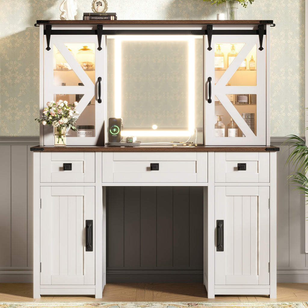 43.3' Farmhouse Makeup Vanity Desk with Lighted Mirror, Vanity Table Set with Charging Station, Dressing Table with Sliding Barn Door Hidden Shelves & 3 Drawers & 4 Cabinets, Beige - Grand Goldman Shop