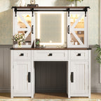 43.3' Farmhouse Makeup Vanity Desk with Lighted Mirror, Vanity Table Set with Charging Station, Dressing Table with Sliding Barn Door Hidden Shelves & 3 Drawers & 4 Cabinets, Beige - Grand Goldman Shop