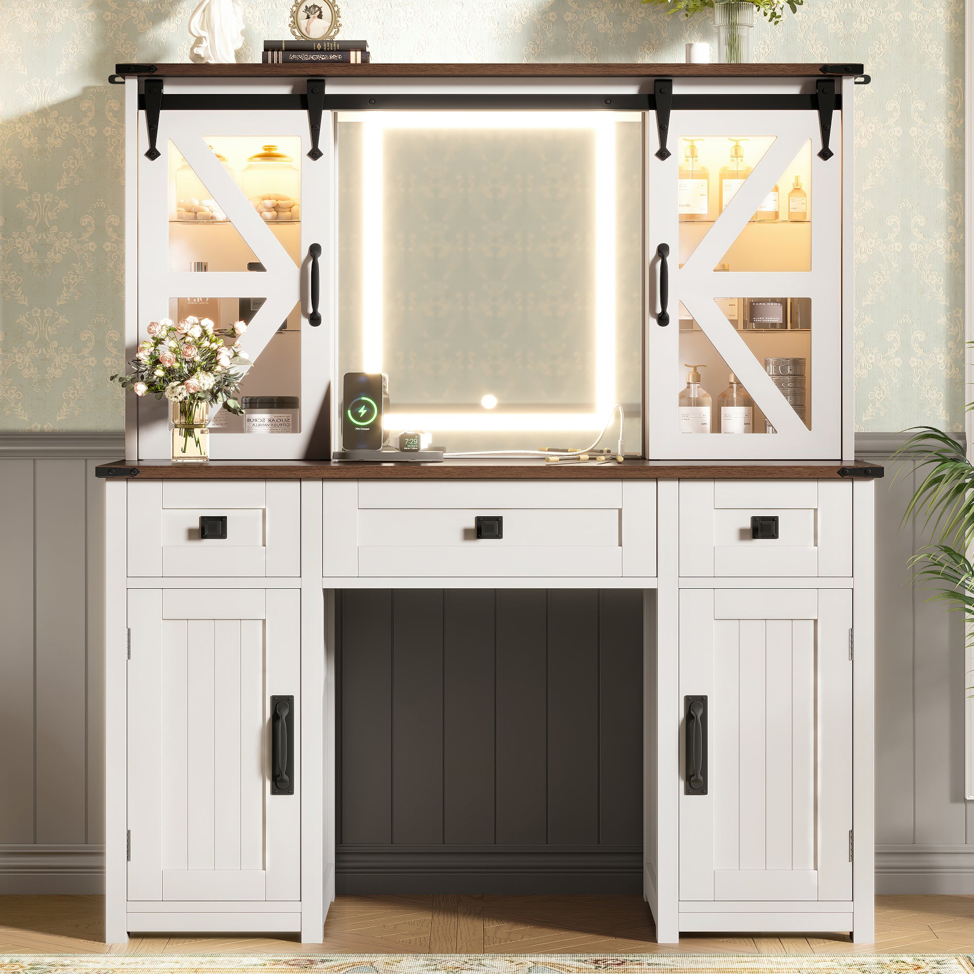 43.3' Farmhouse Makeup Vanity Desk with Lighted Mirror, Vanity Table Set with Charging Station, Dressing Table with Sliding Barn Door Hidden Shelves & 3 Drawers & 4 Cabinets, Beige - Grand Goldman Shop