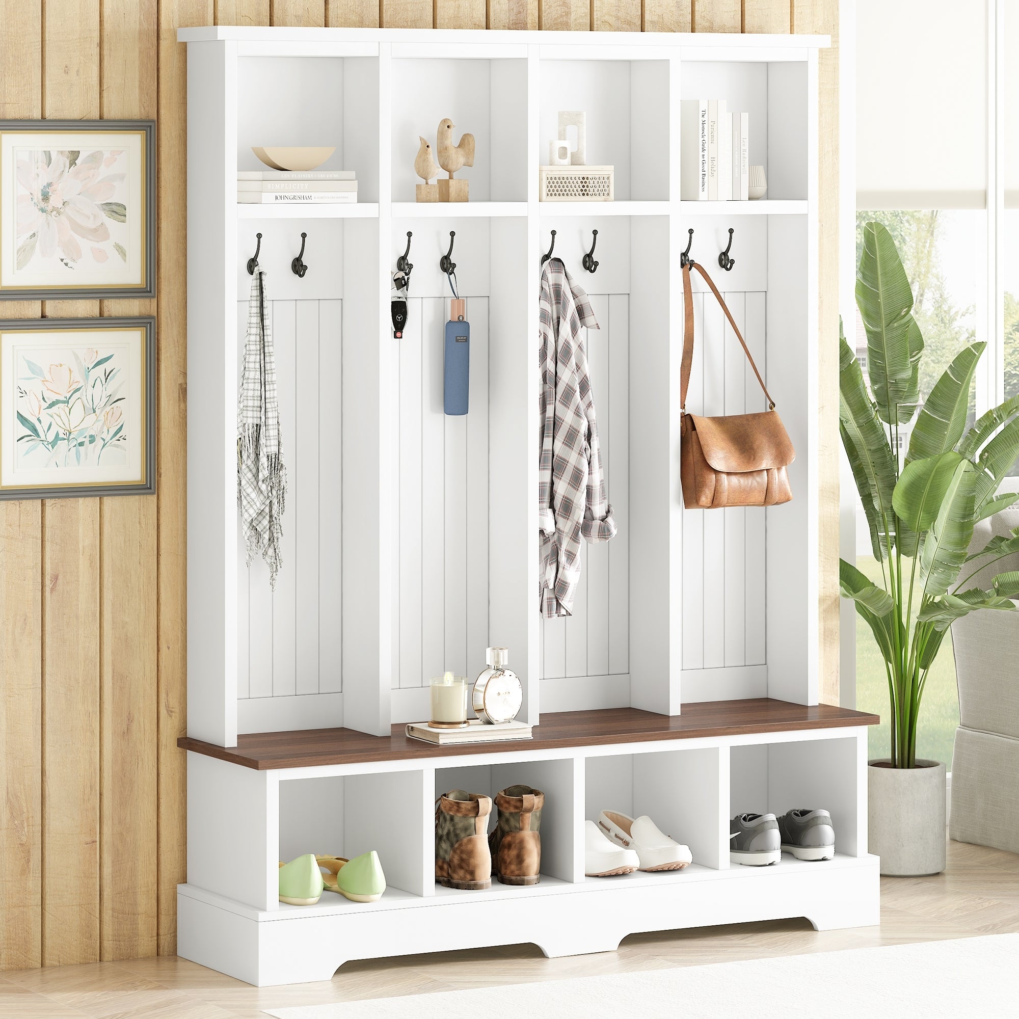 Farmhouse Hall Tree with 8 Hooks, Practical Entryway Bench with Open Compartments, 76.7'H Modern 3-in-1 Wooden Style Coat and Shoe Rack for Mudroom, Living Room, White (OLD SKU: N721P292601K) - Grand Goldman Shop