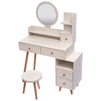 CRAZY ELF Stylish Vanity Table + Cushioned Stool, Touch Control LED Mirror, Large Capacity Storage Cabinet, 5 Drawers, Fashionable Makeup Furniture, Length Adjustable(L31.5'-43.2'x W15.8' x H48.1') - Grand Goldman Shop