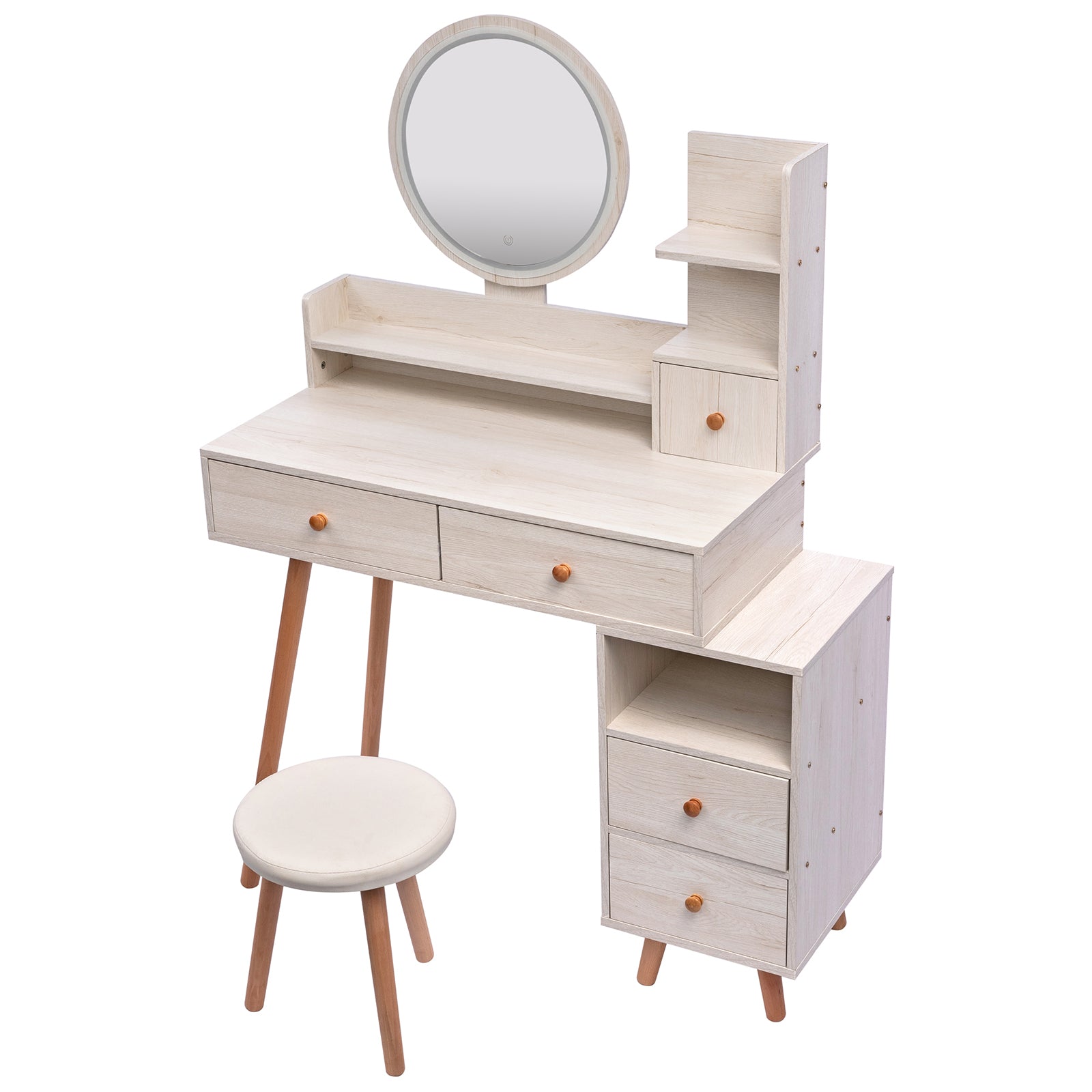 CRAZY ELF Stylish Vanity Table + Cushioned Stool, Touch Control LED Mirror, Large Capacity Storage Cabinet, 5 Drawers, Fashionable Makeup Furniture, Length Adjustable(L31.5'-43.2'x W15.8' x H48.1') - Grand Goldman Shop