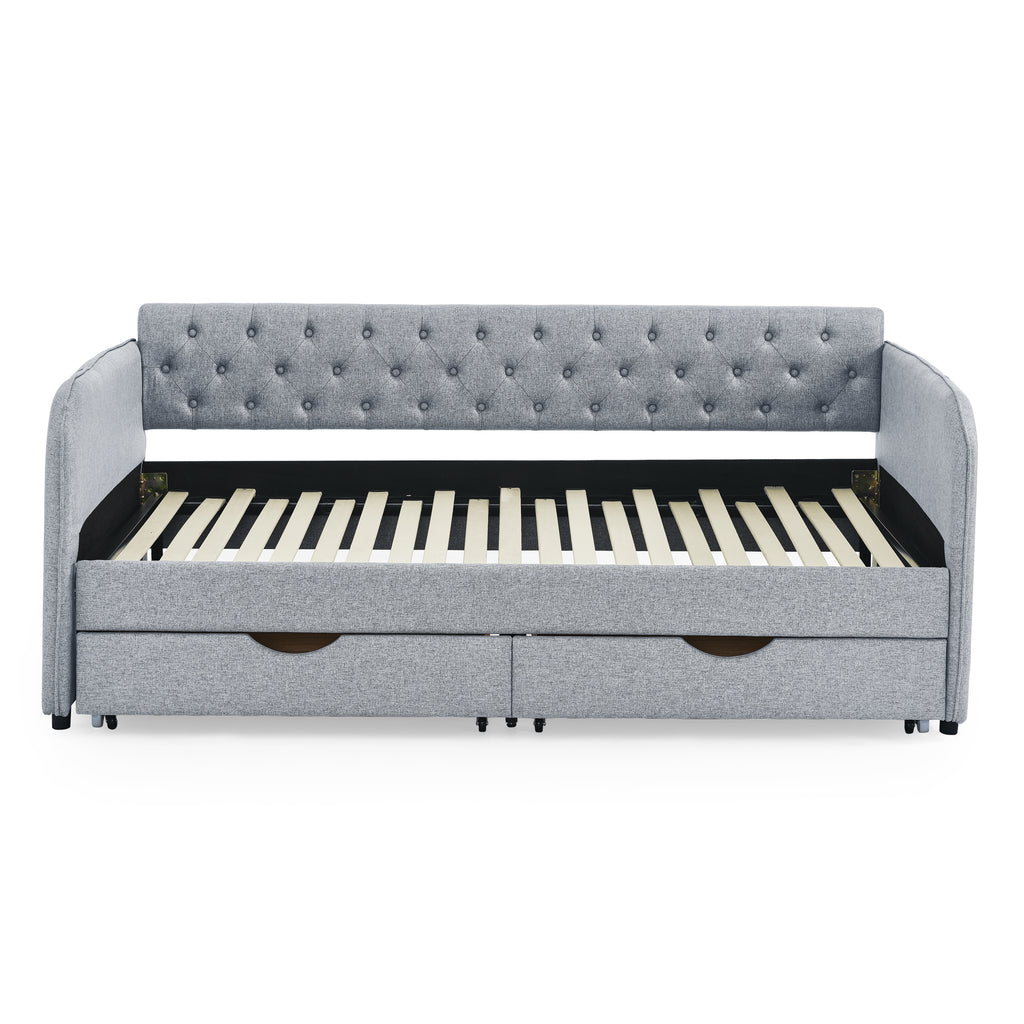 Linen Grey Mid-Century Style Twin Daybed with Trundle and Storage Drawers, Flat Arms with Pocket, Extendable for Bedroom or Living Room - Grand Goldman Shop