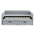 Linen Grey Mid-Century Style Twin Daybed with Trundle and Storage Drawers, Flat Arms with Pocket, Extendable for Bedroom or Living Room - Grand Goldman Shop