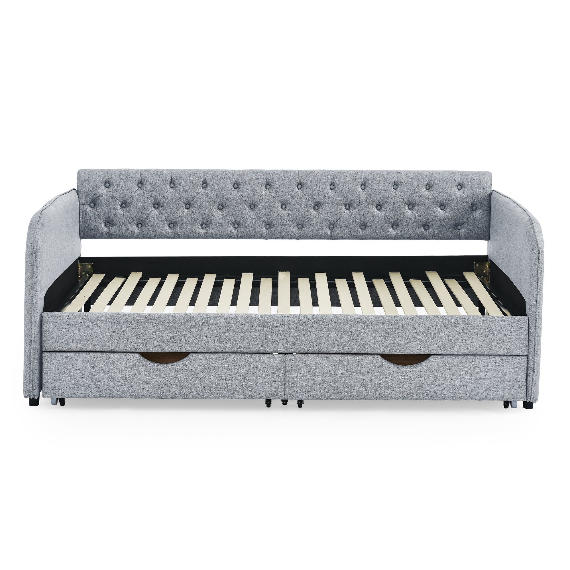 Linen Grey Mid-Century Style Twin Daybed with Trundle and Storage Drawers, Flat Arms with Pocket, Extendable for Bedroom or Living Room - Grand Goldman Shop