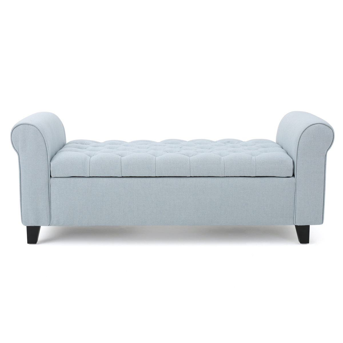 Contemporary Storage Ottoman with Rolled Arms and Button Tufting in Wheat Fabric, 50-inch - Grand Goldman Shop