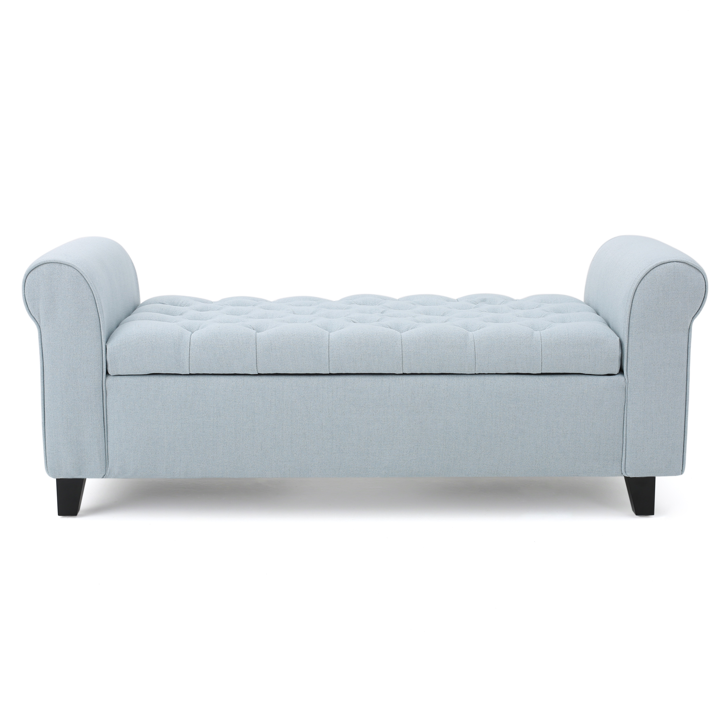 Contemporary Storage Ottoman with Rolled Arms and Button Tufting in Wheat Fabric, 50-inch - Grand Goldman Shop