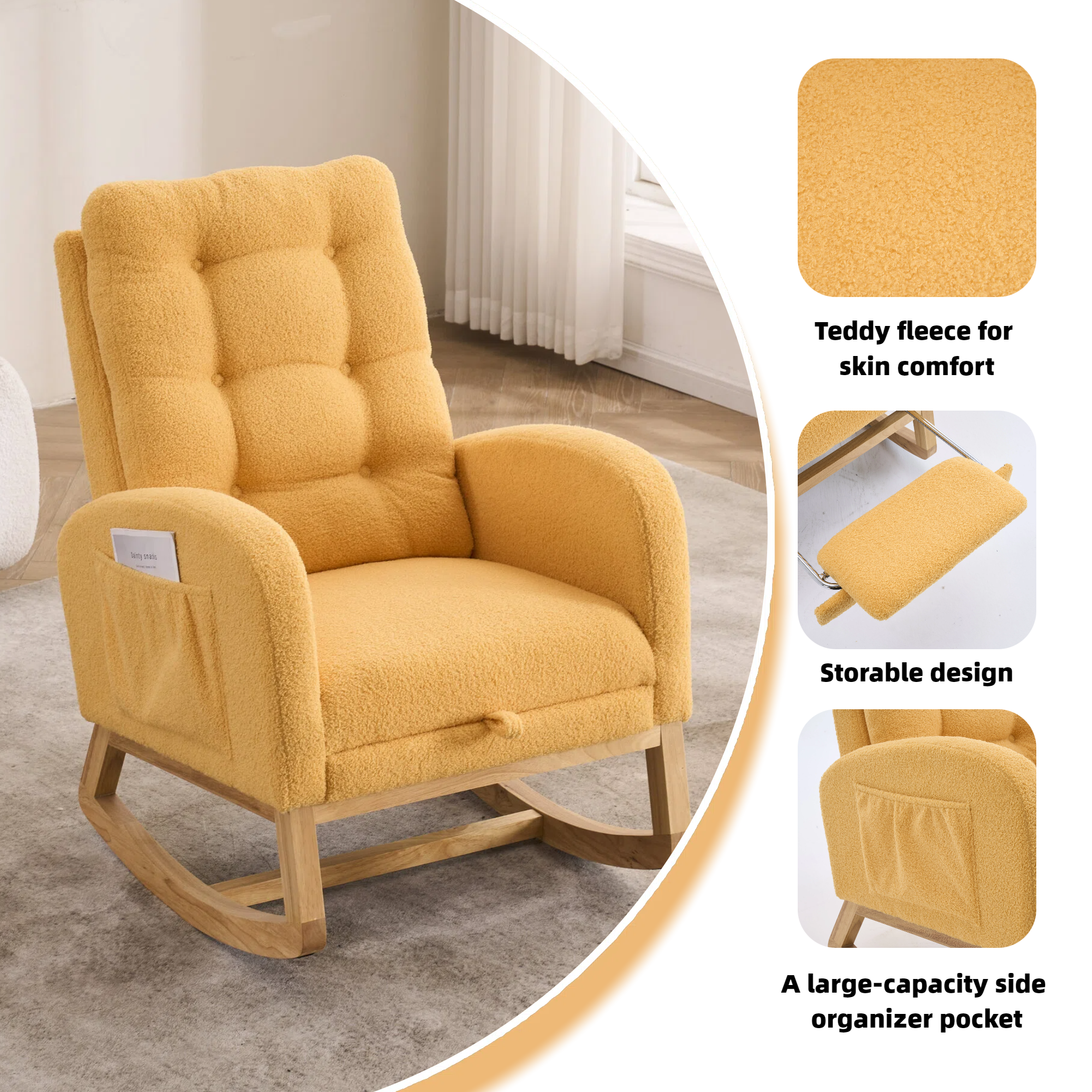 LY-5104 Yellow  Accent Rocking  Chair with  Footrest High Back Rubber Wood Rocking Legs Bedroom Living Space   26.77D X 38.36W X 39.76H Inch - Grand Goldman Shop